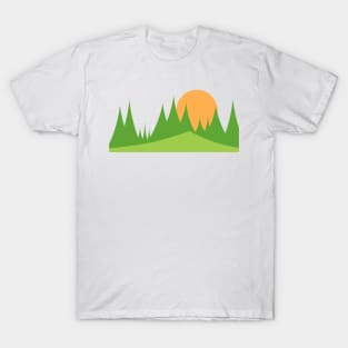 Green mountains layer with orange sun in the background T-Shirt